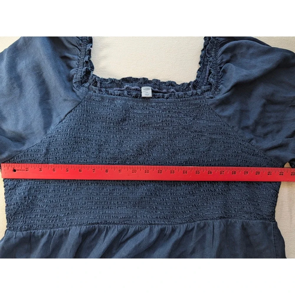 Old Navy XXL Dark Blue Smocked Peplum Top Puff Sleeve Lyocell Blouse Tope